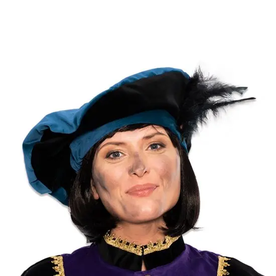 Baret Piet fluweel met veer blauw/zwart
