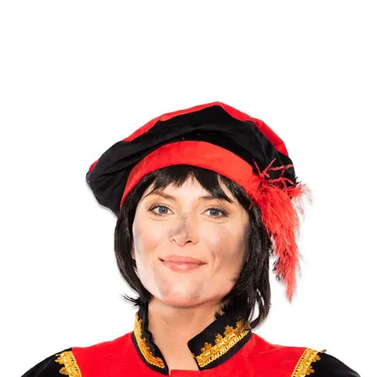 Baret Piet fluweel met veer rood/zwart