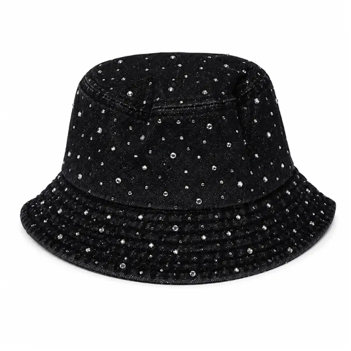 Buckethoed denim zwart diamantjes