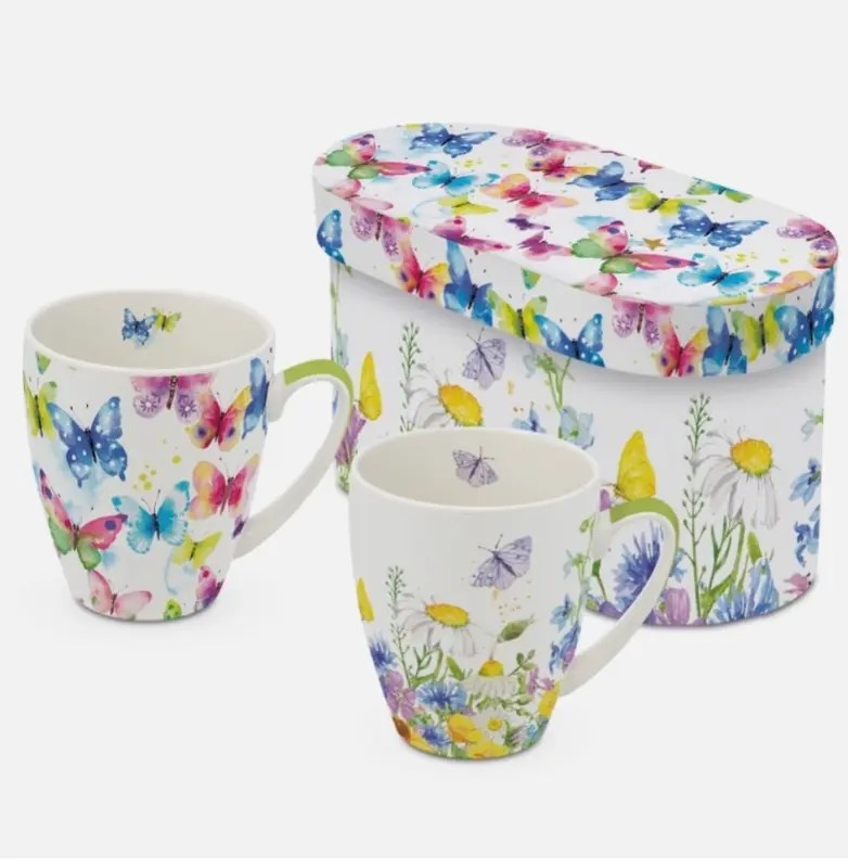Cadeauset Vlinders & Bloemen met 2 Porseleinen Mokken in Luxe Geschenkdoos