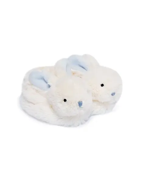 Doudou Geboortegeschenkdoosje blauwe konijnensloffen met rammelaar - 0/6 maanden