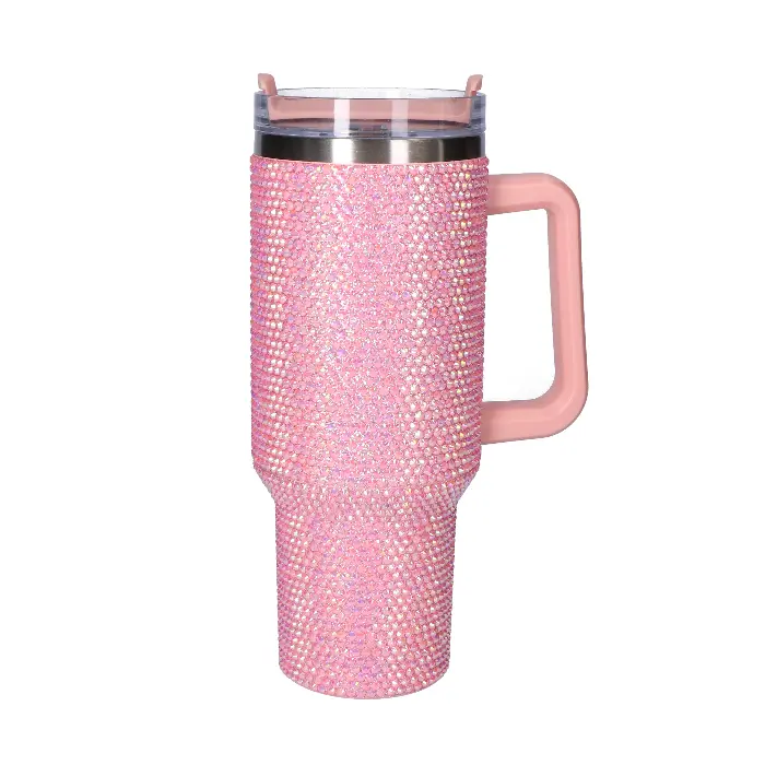 Drinkbeker to go roze glitter diamant