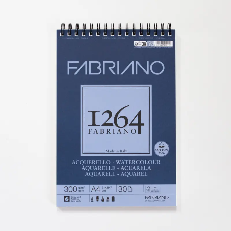 Fabriano 1264 aquarelblok met spiraal 30 vellen 300gr /m² 21x29,7cm (A4)