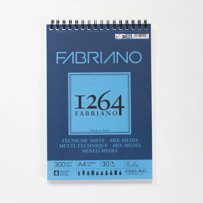 Fabriano 1264 mixed media blok met spiraal 30 vellen 300gr /m² 21x29,7cm (A4)