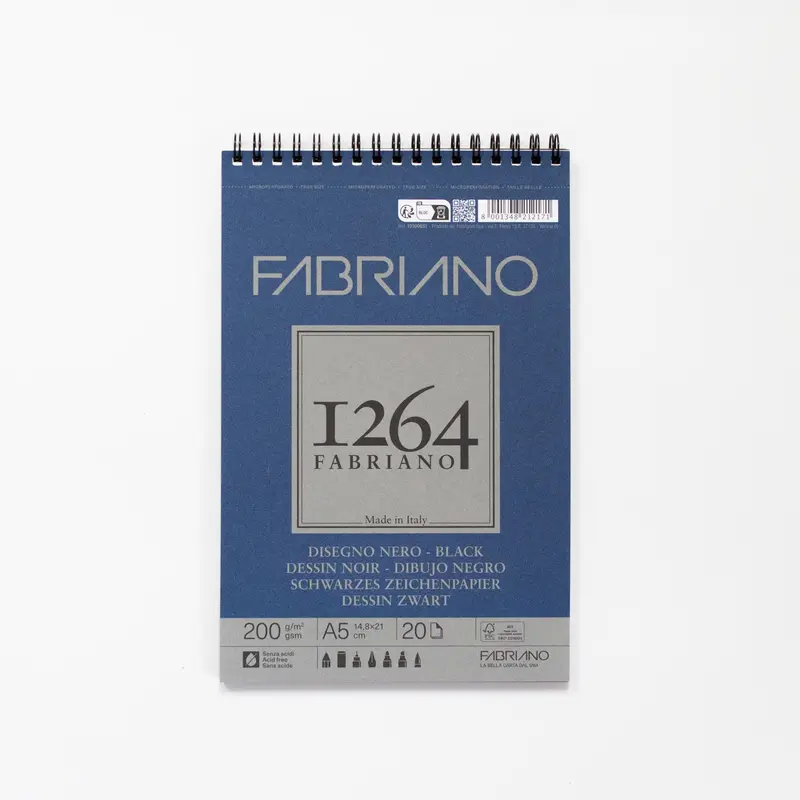 Fabriano 1264 tekenblok met spiraal 20 zwarte vellen 200gr/m² 14,8x21cm (A5)