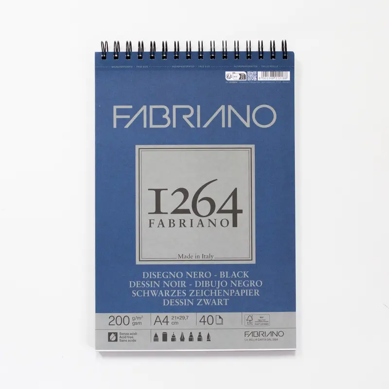 Fabriano 1264 tekenblok met spiraal 40 zwarte vellen 200gr/m² 21x29,7cm (A4)