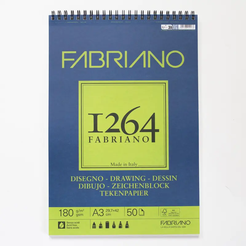 Fabriano 1264 tekenblok met spiraal 50 vellen 180gr/m² 29,7x42cm (A3)