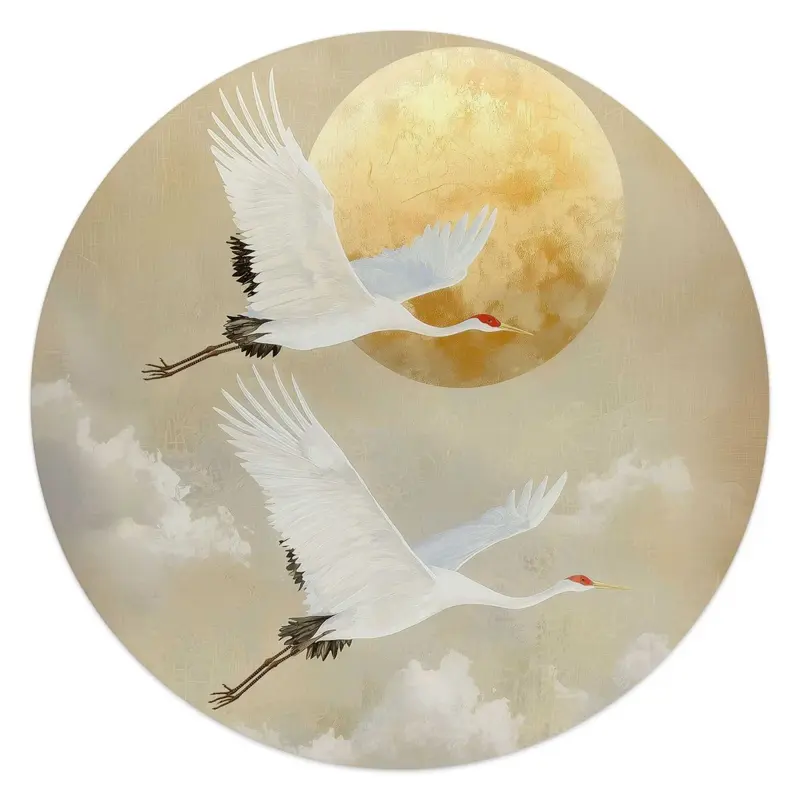 Glasschilderij Kraanvogels onder de maan 50 Rond