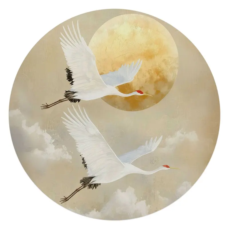 Glasschilderij Kraanvogels onder de maan 70 Rond