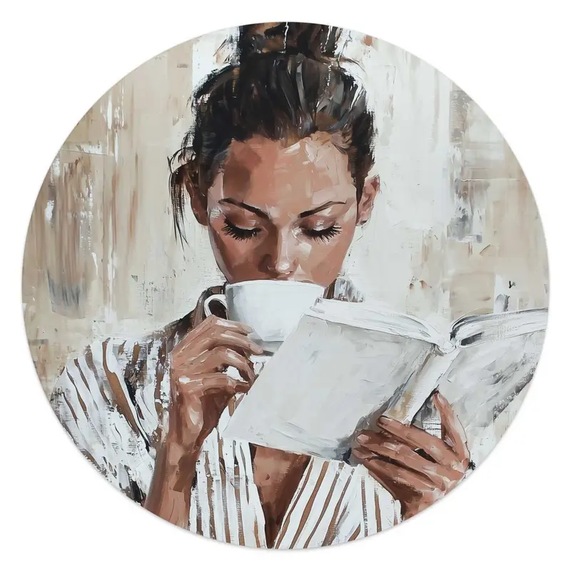 Glasschilderij Ochtendkoffie met een Boek I 50 Rond