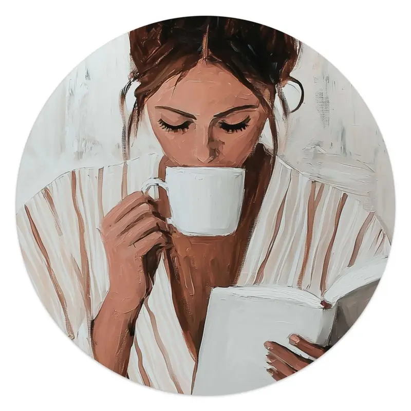 Glasschilderij Ochtendkoffie met een Boek II 50 Rond