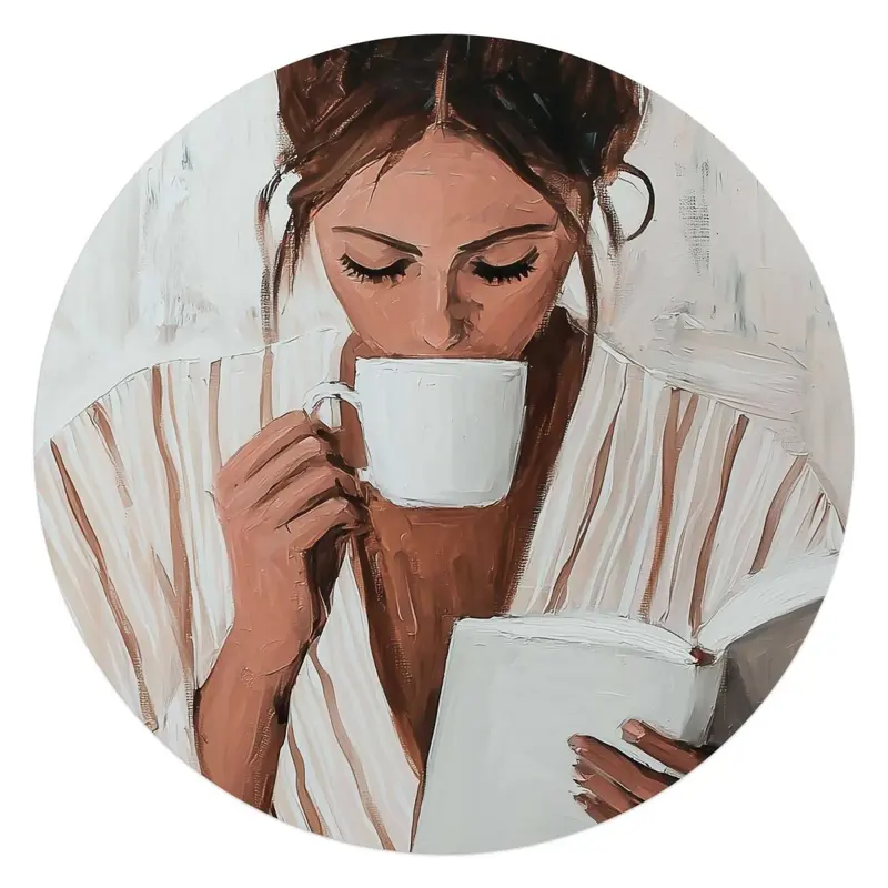 Glasschilderij Ochtendkoffie met een Boek II 70 Rond
