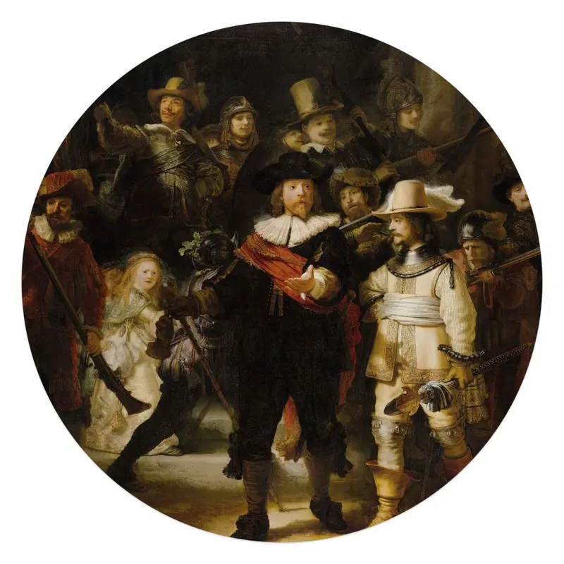 Glasschilderij Rembrandt Nachtwacht 70 Rond