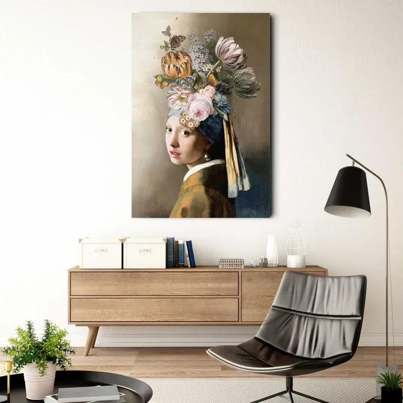 Glasschilderij Vermeer Bloemenmeisje met de Parel 116x78
