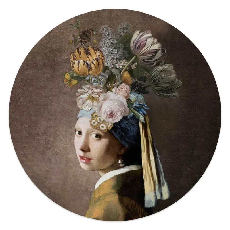 Glasschilderij Vermeer Bloemenmeisje met de Parel 50 Rond