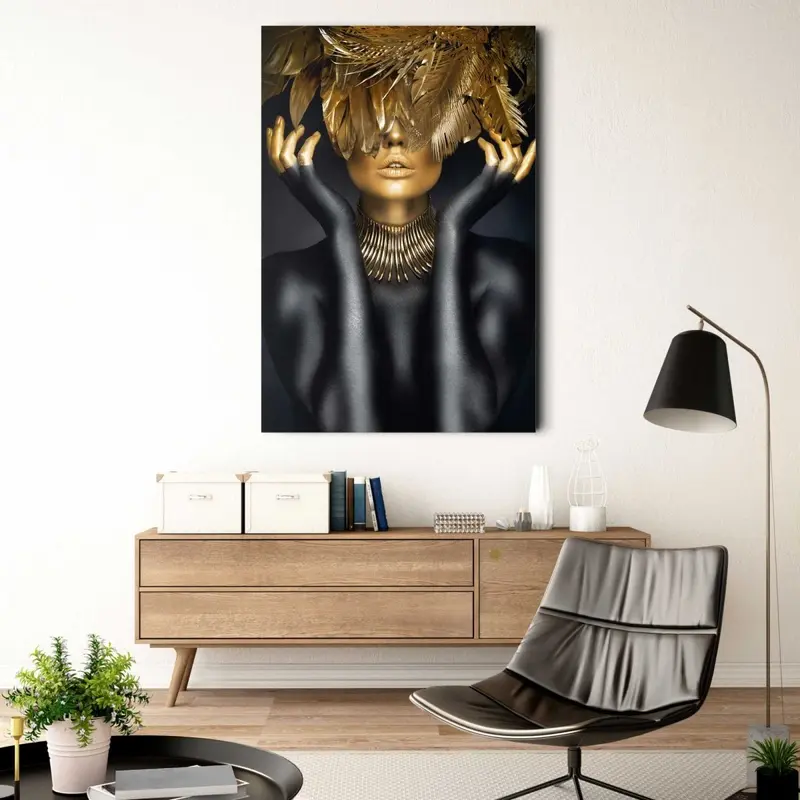 Glasschilderij Woman with golden feathers 116x78