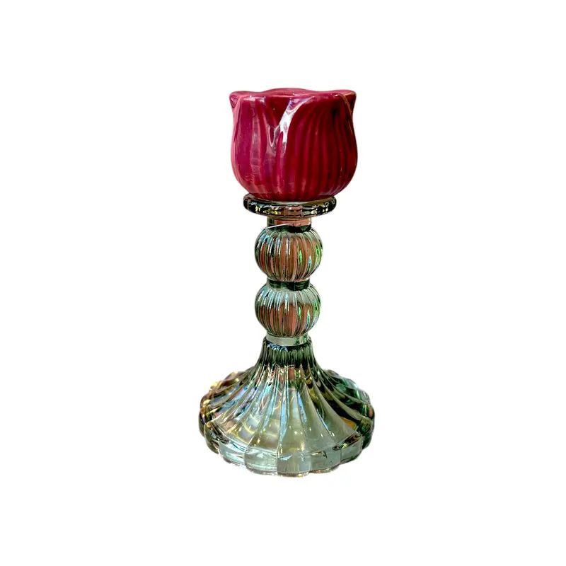 Glazen waxinelichthouder tulp - Roze/groen