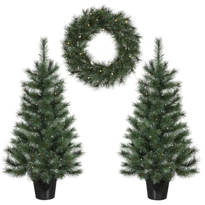Glendon Set van 2 Kerstbomen en 1 Krans met LED Verlichting - Groen
