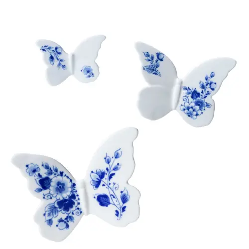 Heinen Delfts Blauw Wanddecoratie Vlinder - Set van 3