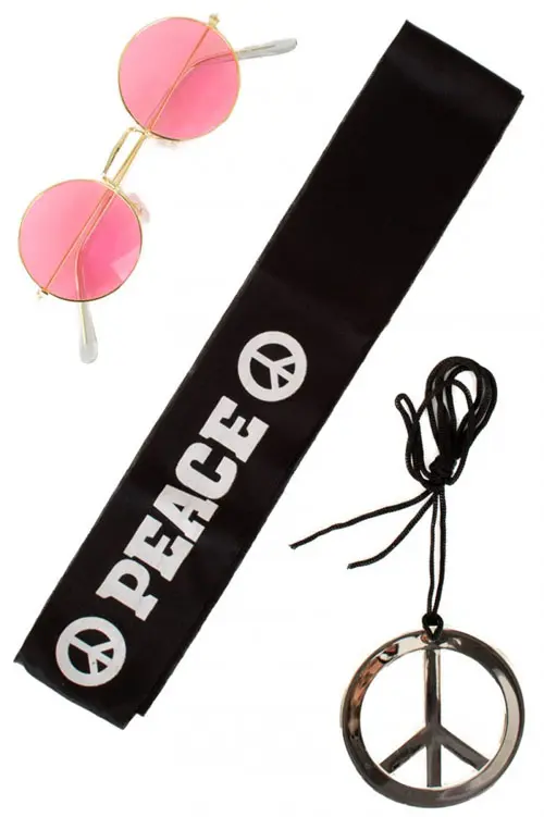 Hippieset Peace hoofdband, bril, ketting