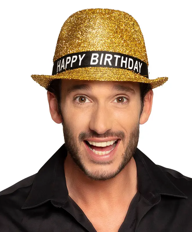 Hoed Happy Birthday sparkling goud