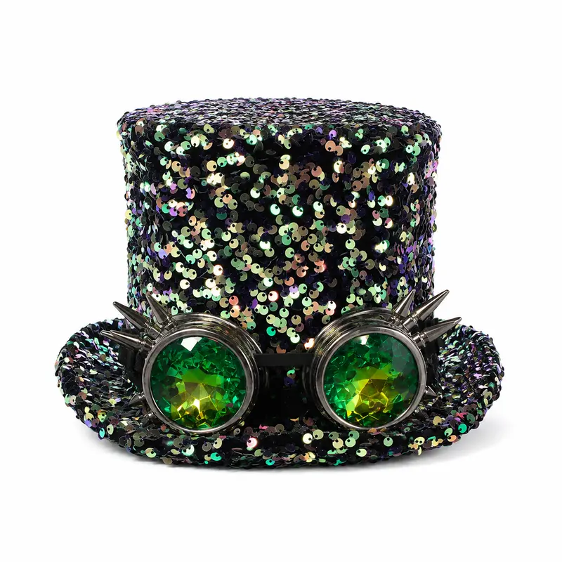 Hoed iriserend pailletten steampunk met bril