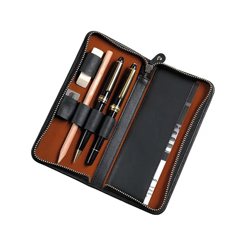 Juscha Lederen pen etui "Alassio" met ritssluiting 3-delig zwart