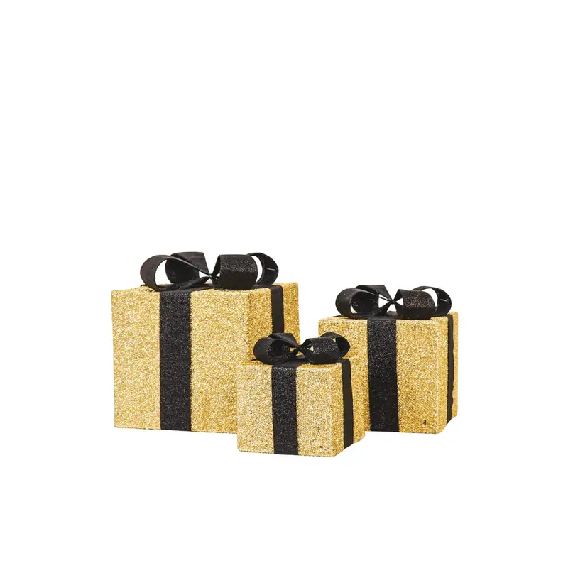 Kerstcadeau dozen - set van 3 - Goud/Zwart - met led verlichting