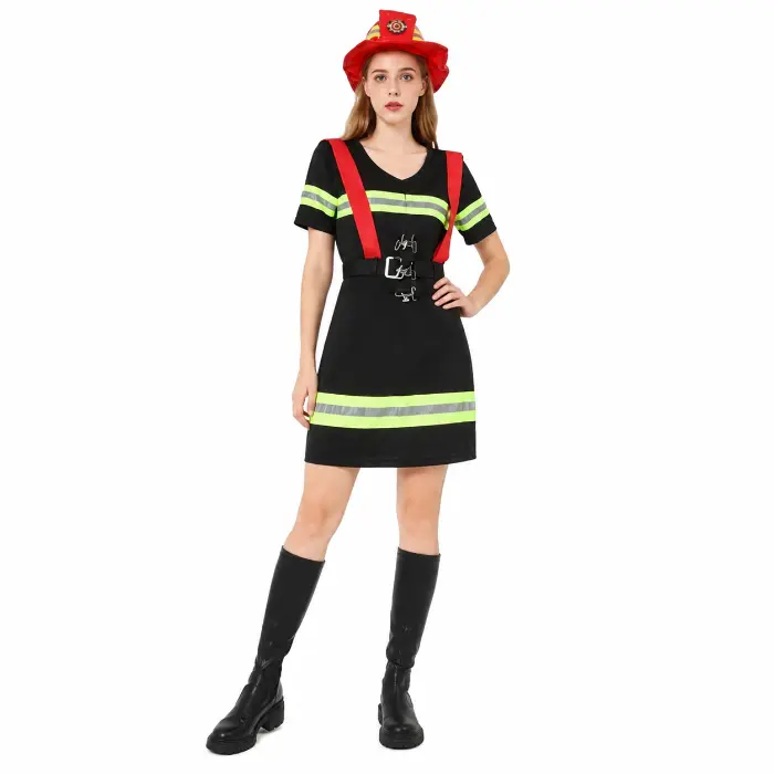 Kostuum brandweervrouw zwart/geel/rood one size