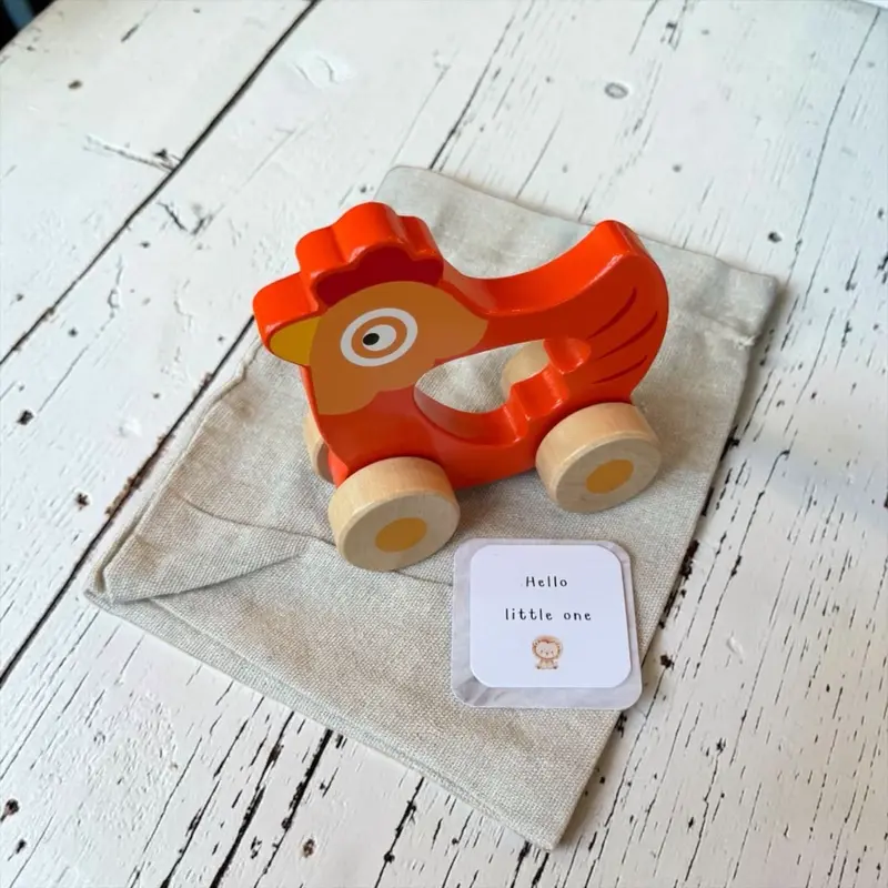 Kraamcadeautje Autootje Kip Houten Baby Speeltje