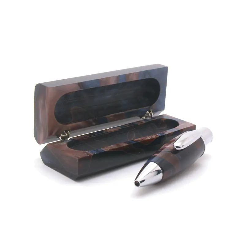 Mini Balpen in doosje bruin-blauw