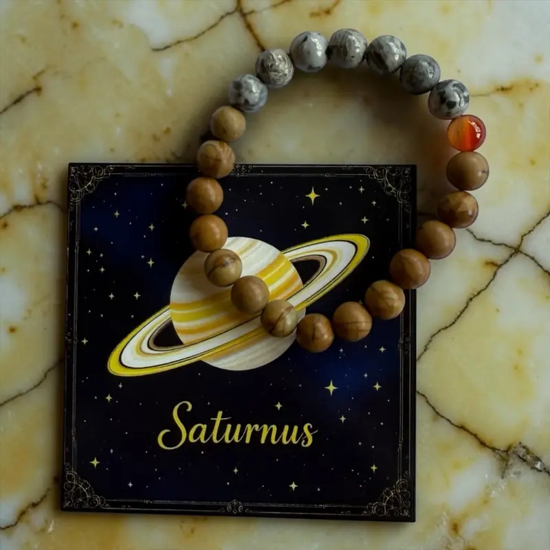 Planeten Armband Saturnus 19mm | Versteend Hout & Regenboog Maansteen
