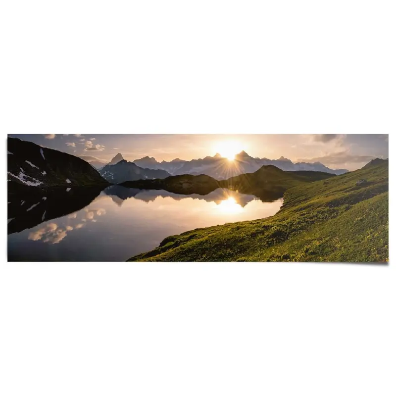 Poster Bergmeer bij zonsondergang 53x158