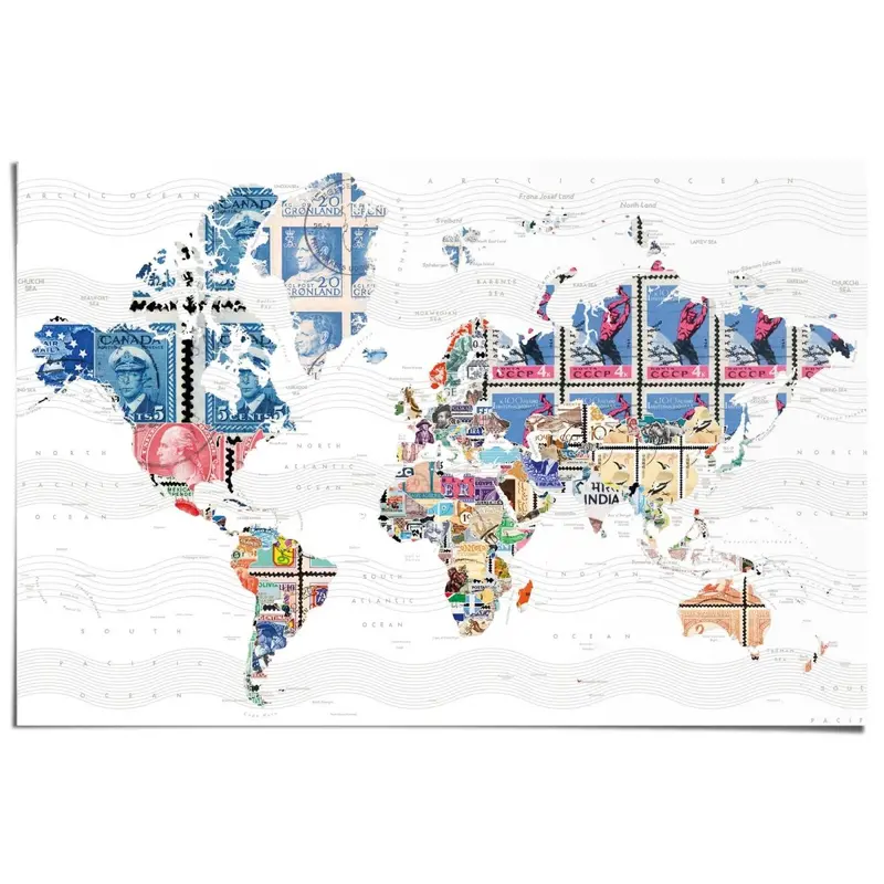 Poster Wereldkaart postzegels 61x91,5