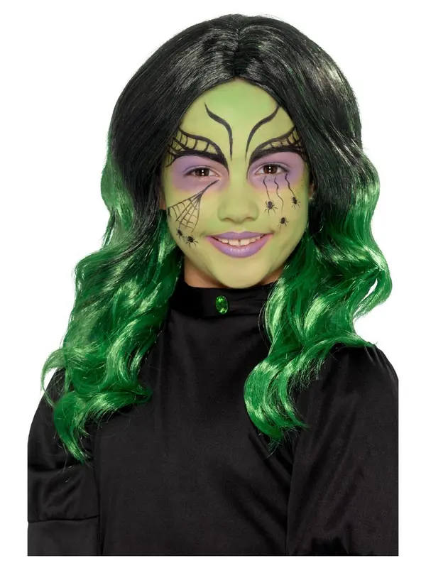 Pruik heks zwart/groen kind