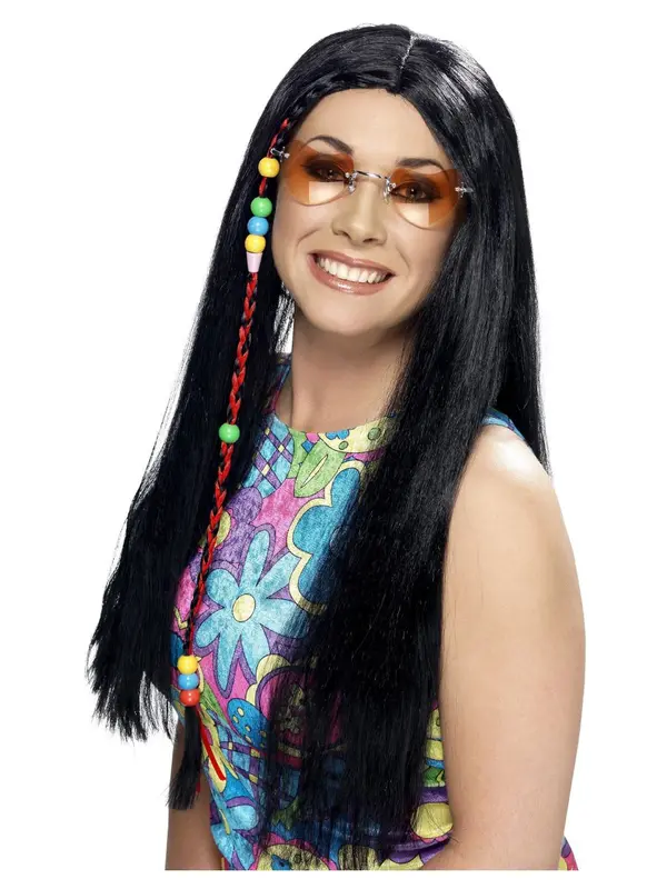 Pruik Hippy met vlecht, zwart