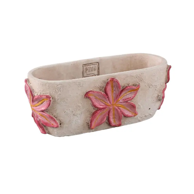 PTMD - Blomme Pink oval cement pot with big flower S