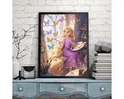 Rapunzel - Vlinders - Verven - Penzelen - Lang haar - Volledig - Ronde steentjes 30x40cm
