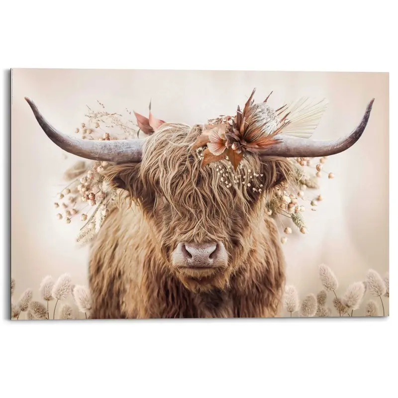 Schilderij Highlander in bloemen 60x90