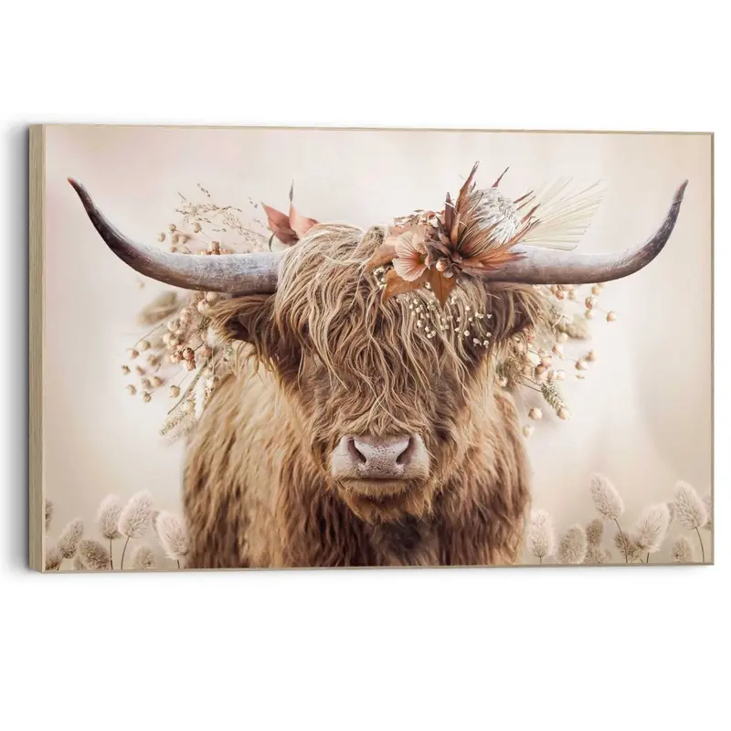 Schilderij Highlander in bloemen 90x60
