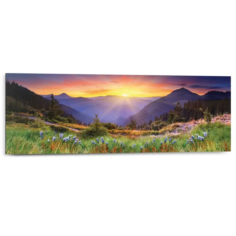 Schilderij Zonsondergang bij de bergen 30x90