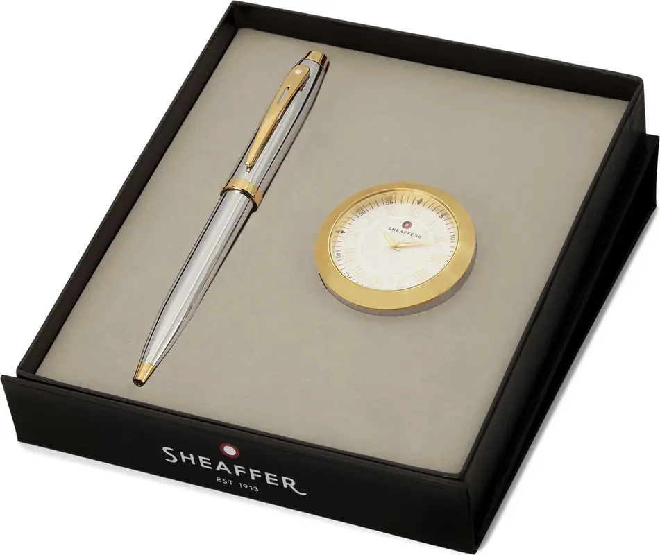 Sheaffer 100 bright chrome gold balpen met gold plated tafelklok