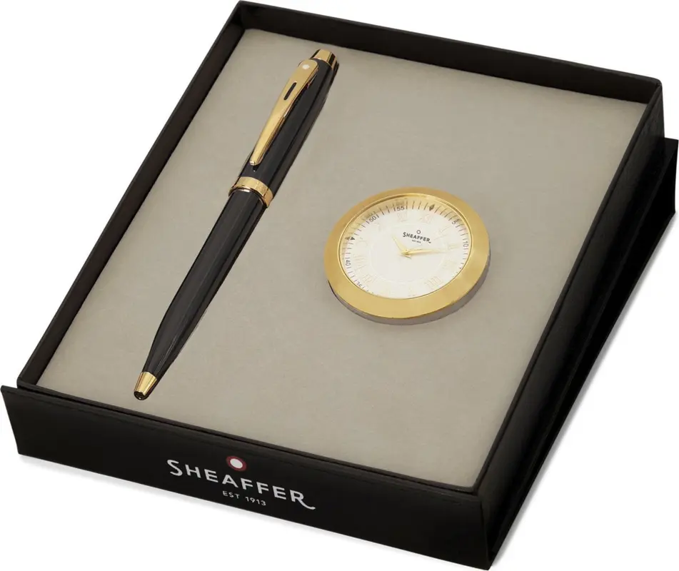Sheaffer 100 Glossy black gold tone balpen met gold plated tafelklok