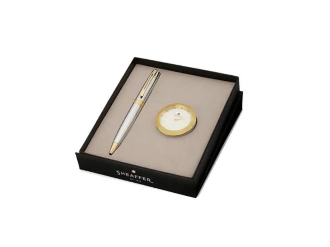 Sheaffer 300 geschenkset bright chrome gold tone met gold plated tafelklok