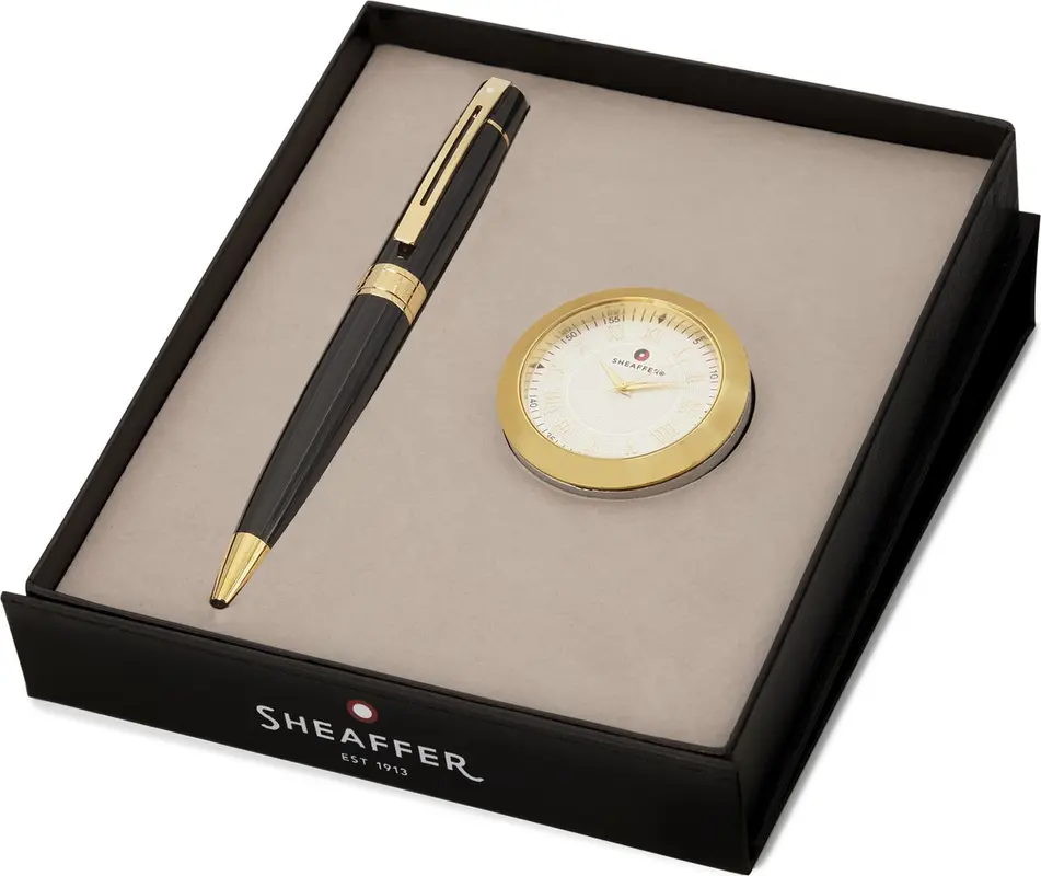Sheaffer 300 Glossy black chrome plated met gold plated tafelklok