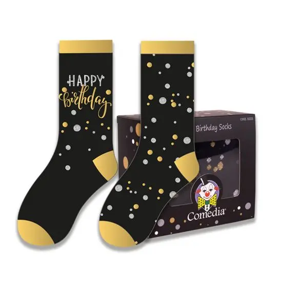 Sokken goud/zwart Happy Birthday (2 paar)