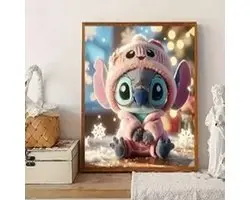 Stitch - Kerst - Roze - Sneeuwvlokken - Volledig - Ronde steentjes - 30x30cm