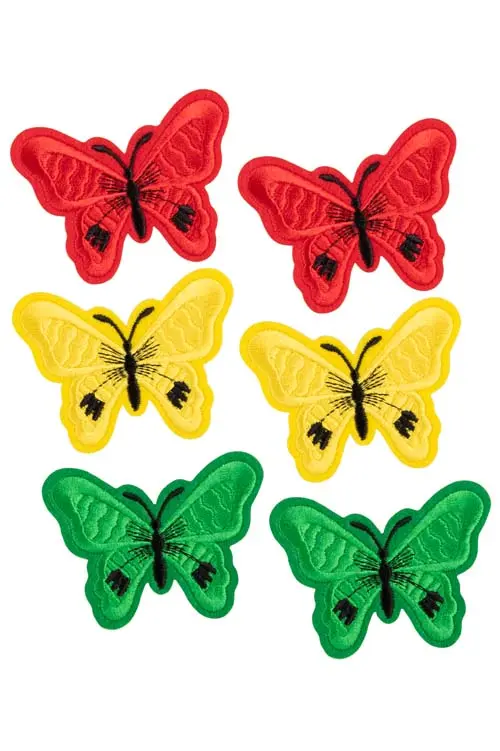Strijkapplicaties 6x Vlinders rood/geel/groen 7,1x5,5 cm