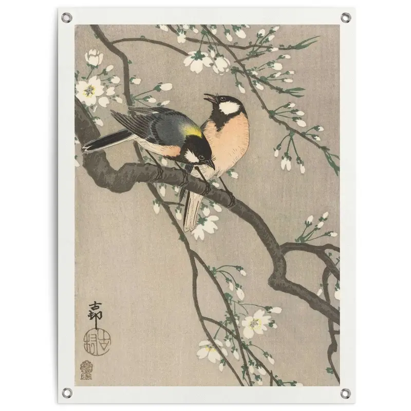 Tuinposter Ohara Koson Koolmezen op bloesemtak 80x60