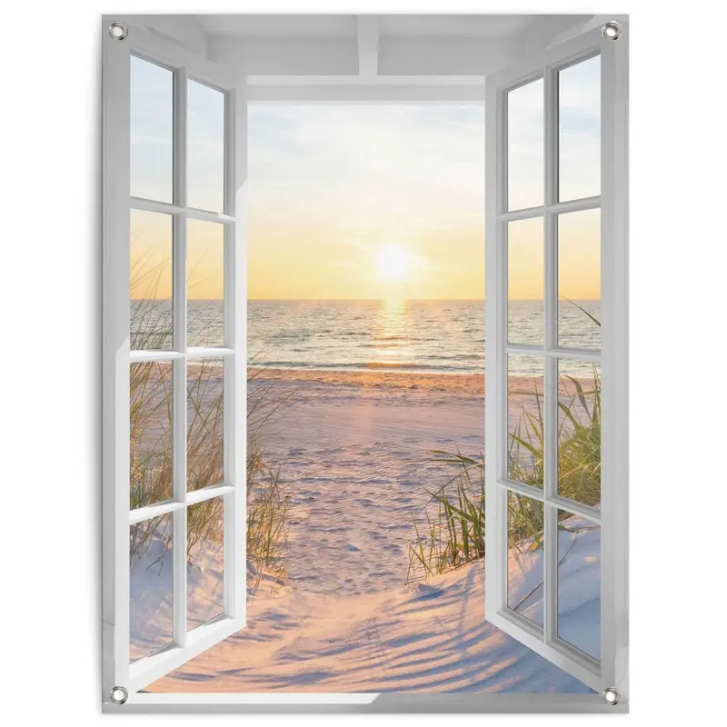 Tuinposter Zonsondergang door het raam 80x60